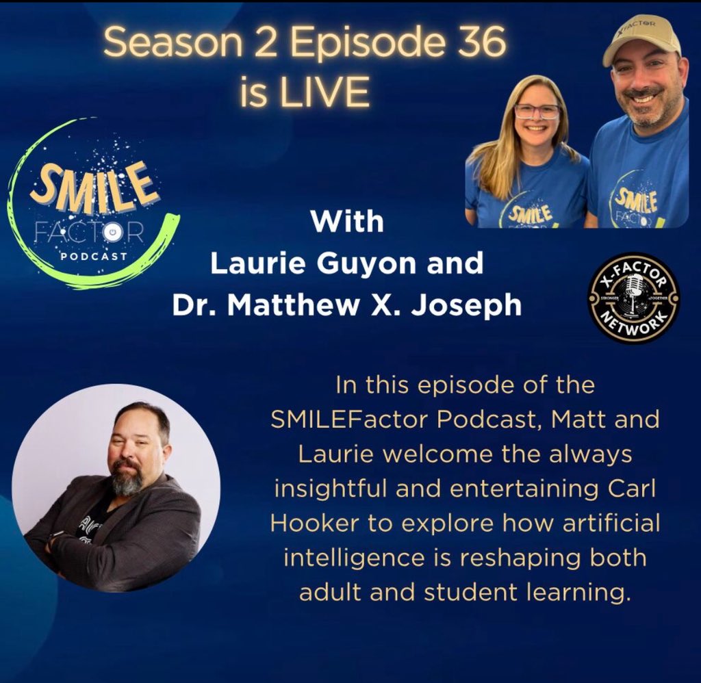 Dr. Matthew X. Joseph (@matthewxjoseph) on Twitter photo In this episode of the #SMILEFactor Podcast, <a href="/SMILELearning/">Laurie Guyon 🐘</a> and I welcome the always insightful and entertaining <a href="/mrhooker/">Carl Hooker</a> to explore how artificial intelligence is reshaping both adult and student learning.
Listen at: open.spotify.com/episode/7hVnf3… In this episode of the #SMILEFactor Podcast, <a href="/SMILELearning/">Laurie Guyon 🐘</a> and I welcome the always insightful and entertaining <a href="/mrhooker/">Carl Hooker</a> to explore how artificial intelligence is reshaping both adult and student learning.
Listen at: open.spotify.com/episode/7hVnf3…
