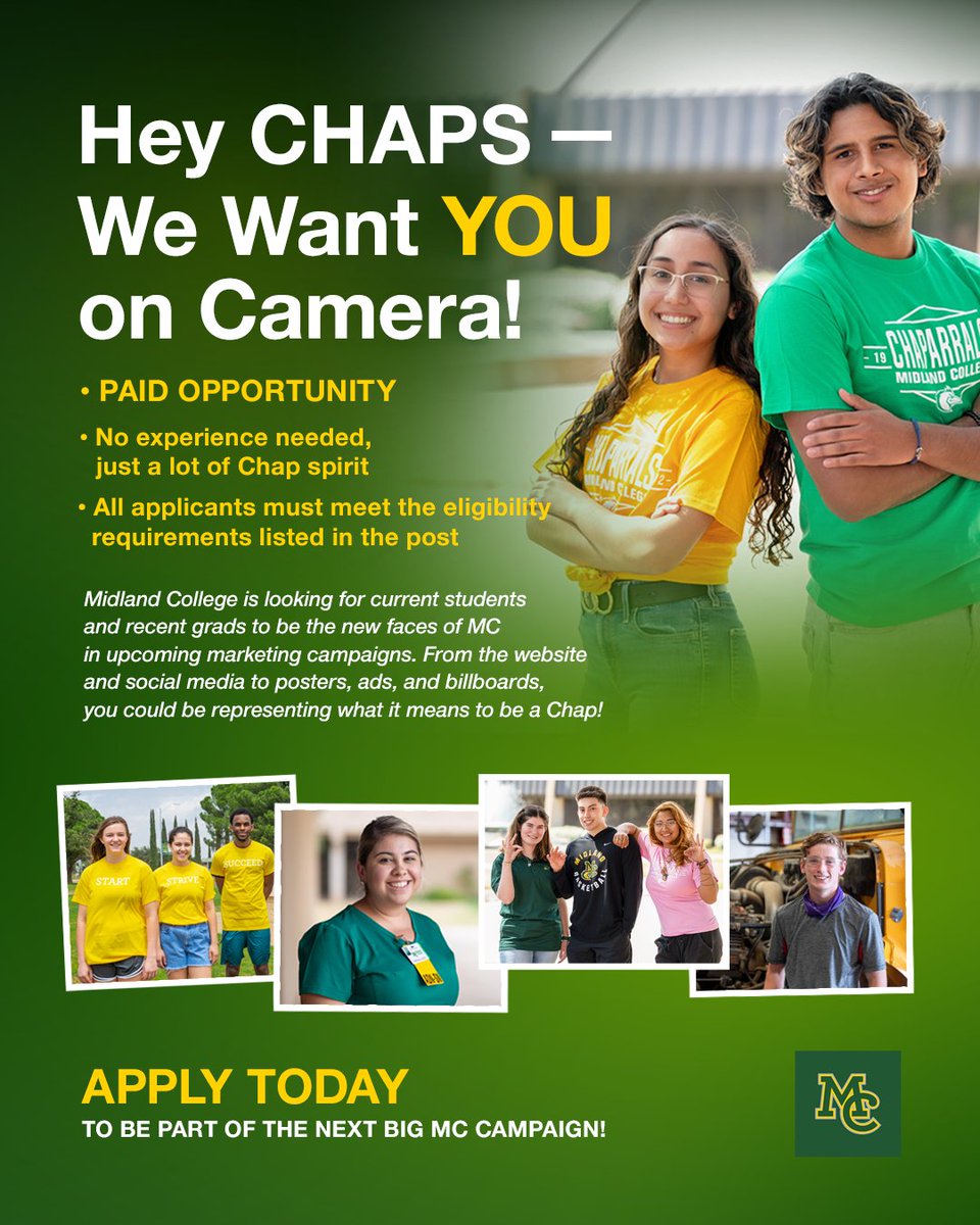 🎥 Casting Call: MC is looking for students &amp; recent grads to star in upcoming marketing campaigns!
📅 July 16–17 | 💵 $15/hr
Must commit to one 3-hour session.
Apply now — space is limited!
𝗦𝗶𝗴𝗻 𝗨𝗽 𝗛𝗲𝗿𝗲: midland.formstack.com/forms/casting_…
