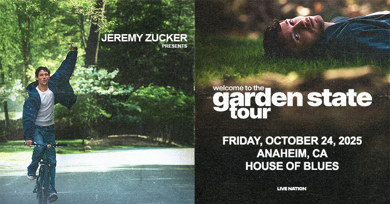 Anaheim, <a href="/jeremyzucker/">jeremy zucker</a> is coming to House of Blues Anaheim on October 24th. We can’t wait to see you all soon. Sign up for early access to tickets @ 🔗 here: livemu.sc/3GciM5h

Presale: WEDNESDAY (6/25) @ 12 PM Local (PW: TREBLE)
On Sale: FRIDAY (6/27) @ 10 AM Local