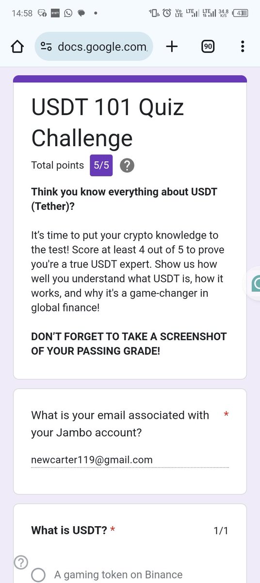 I just aced the #USDT101 Quiz by @jambotechnology 💡 Download the JamboApp to learn and earn like me!
