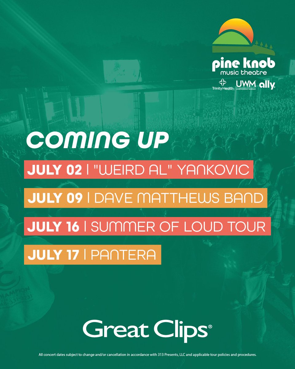 PineKnobMusic's tweet photo. Here's what's on deck at Pine Knob! ๐ถ #GreatClipsGreatWeek
๐ค: @GreatClips https://t.co/fjtk0CYffN