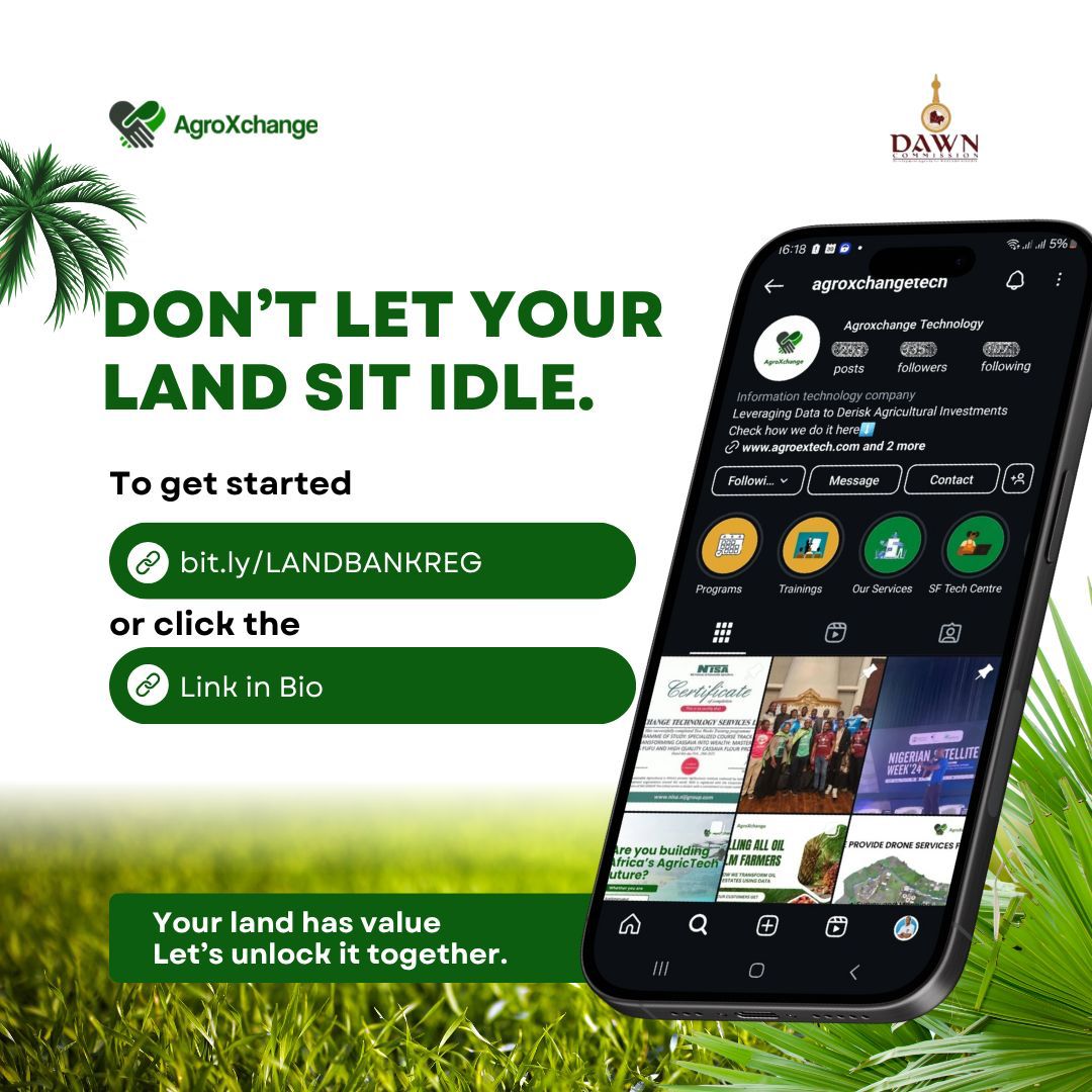 DAWNCommission's tweet image. Do you own agricultural land?
Are you based in Nigeria or the diaspora?
It’s time to turn that dormant land into a profitable asset, stress-free! Whether you're in the diaspora or right here in Nigeria, you can unlock the full potential of your farmland with zero risk.
Swipe…