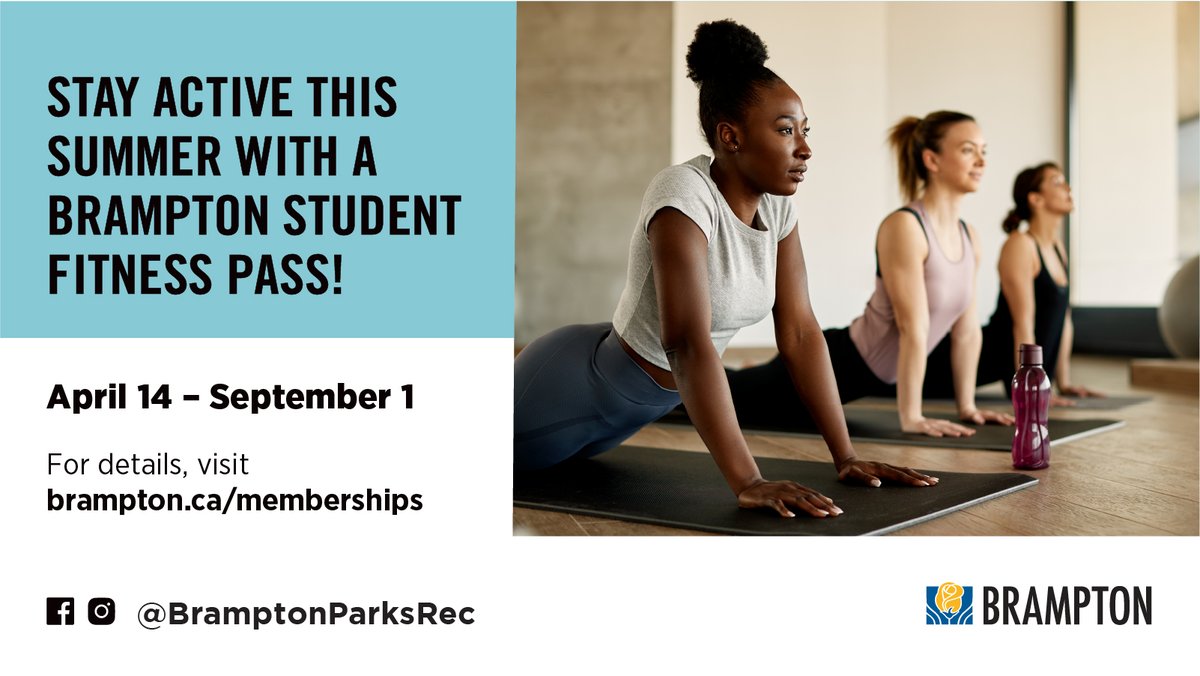 Ready to get active this summer? 💪 

Students can grab the discounted #Brampton Student Summer Fitness Membership until September 1 and is prorated daily until August 3. 🏋️‍♂️ 

Prices are prorated daily after so buy early for the best value! 🌞🏋️‍♀️  

🔗: brampton.ca/memberships