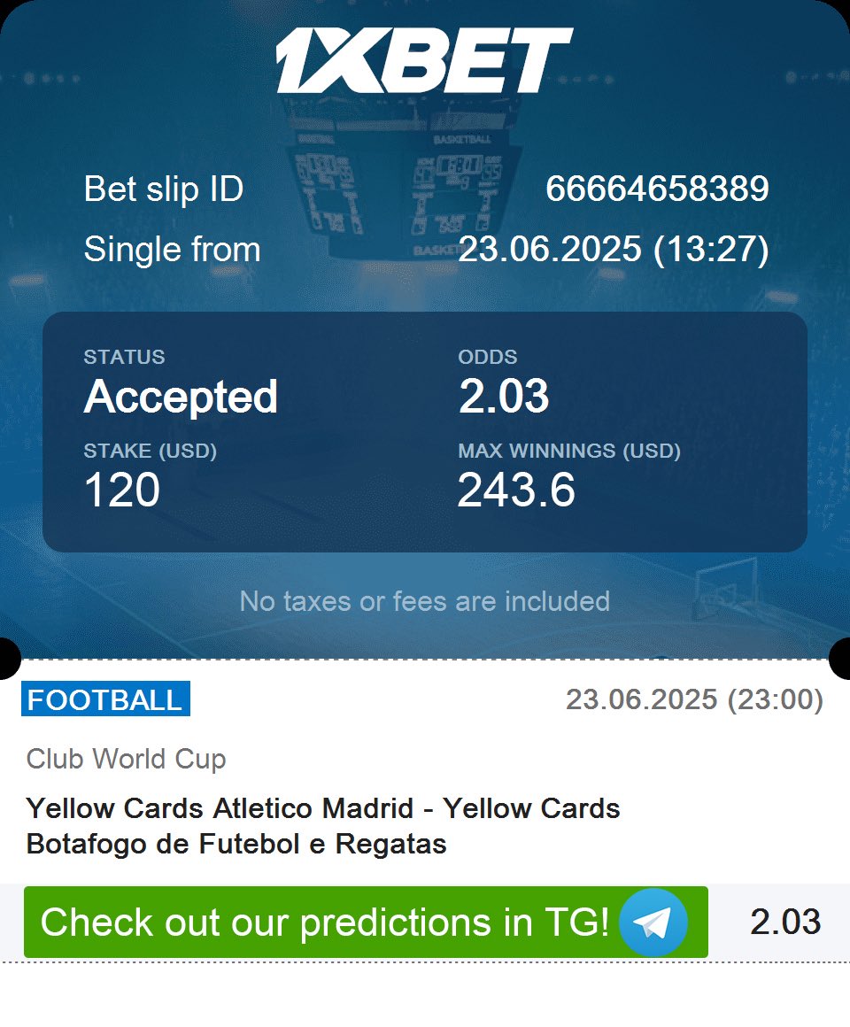 ⚔️ Atletico Madrid 🆚 Botafogo
📌 Total Yellow Cards Over 2.5
💰 Stake: $120
💸 Potential Return: $243.60
🎯 Odds: 2.03

📲 Want to see our next picks?
Join our Telegram — link in bio!
#BettingTips #ClubWorldCup #Atletico #Botafogo