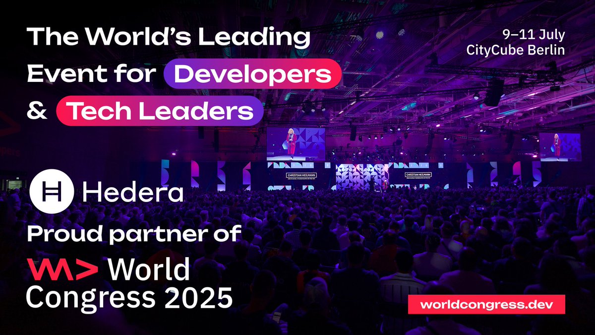 hedera's tweet image. Hedera is proud to sponsor @WeAreDevs World Congress 2025 taking place July 9-11 in Berlin 🇩🇪

Join us at Booth 2_23 in Hall 2.2 to:

👋 Meet the team and grab some swag
🎮 Test your skills at our gaming station ft. a game recorded on HCS
🧑‍💻 See live demos of Hedera Developer…