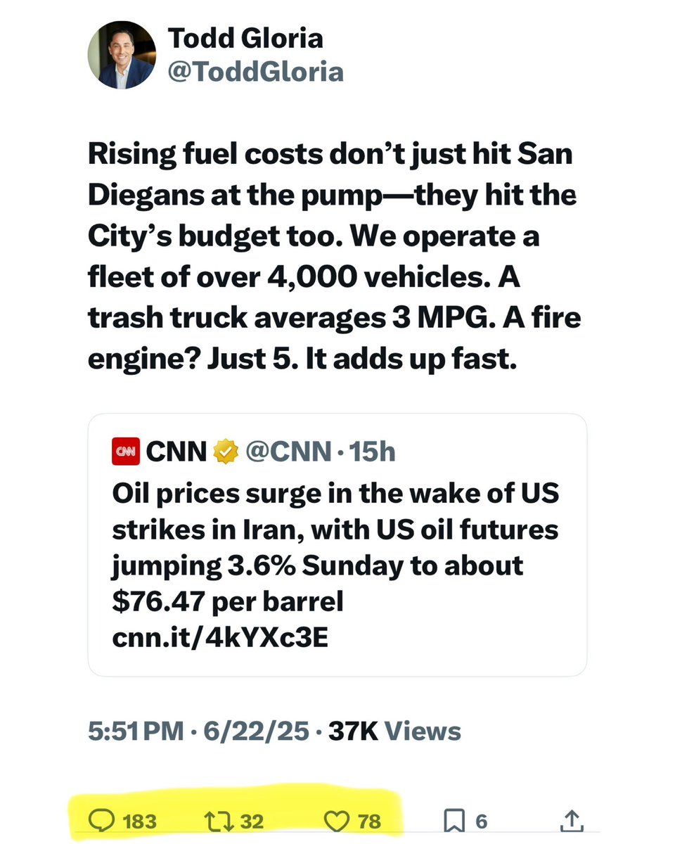 Amy Reichert (@amyforsandiego) on Twitter photo San Diego Mayor <a href="/ToddGloria/">Todd Gloria</a>, appointed by <a href="/GavinNewsom/">Gavin Newsom</a> to the California Air Resources Board, is getting ratioed for seemingly blaming US actions in Iran for higher gas prices while serving on the very board that keeps raising them in California. San Diego Mayor <a href="/ToddGloria/">Todd Gloria</a>, appointed by <a href="/GavinNewsom/">Gavin Newsom</a> to the California Air Resources Board, is getting ratioed for seemingly blaming US actions in Iran for higher gas prices while serving on the very board that keeps raising them in California.