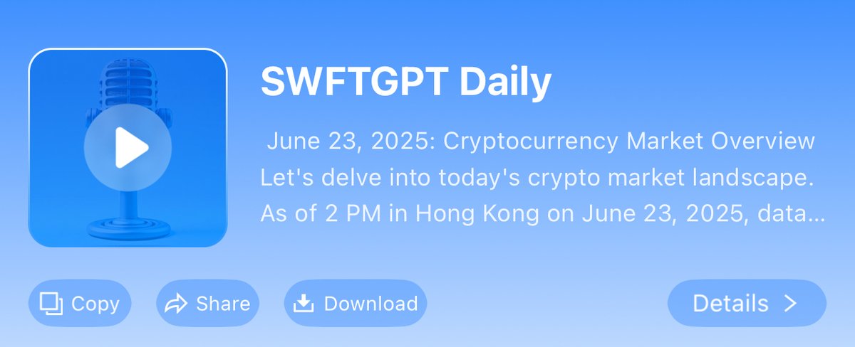 📊 SWFT GPT Daily Crypto Recap – June 23, 2025
🔻 Market Cools | Liquidations Surge | ADreward Leads Gainers | Tether Mints 1B USDT

🗞️ Key Headlines
⚙️ SoDEX Testnet Live
SoSoValue’s high-performance trading chain launches testnet with 1M $SOSO token rewards.

💥 Bitcoin Dips