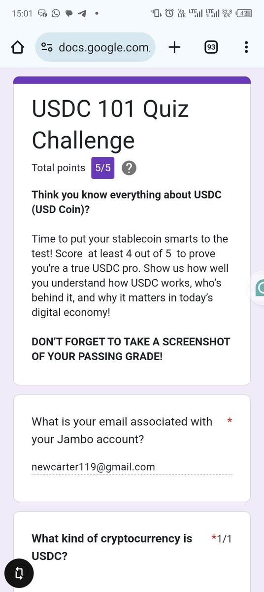 I just aced the #USDC101 Quiz by @jambotechnology 💡 Download the JamboApp to learn and earn like me!