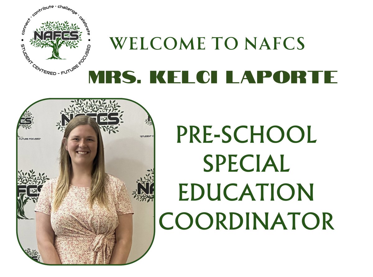 NAFCSchools's tweet photo. We are thrilled to welcome Kelci Laporte as the new Pre-school Special Education Coordinator at NAFCS!

As a proud NAHS alum, Kelci will work alongside our incredible Student Services team to support and create the best opportunities for our youngest learners.

#NAFCSuccess https://t.co/i5Rlu7UJRU