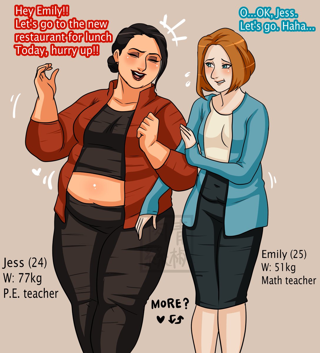 Emily &amp; Jess (Teacher's WGs)

Jess invites her to have lunch, but Emily had been gaining weight as she ate with her, so she gradually became reluctant to go. But Emily went out for a high-calorie lunch again today for her.

Pls fav and comment if you wanna watch them more!!