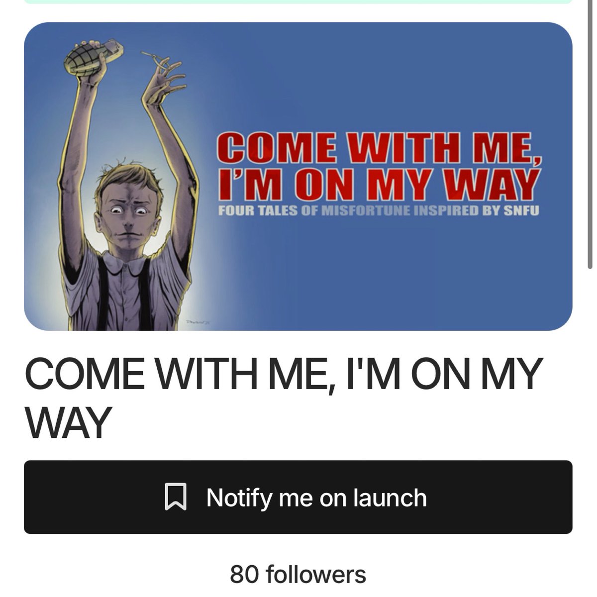 We’re a week away from launching the campaign for our four short story horror anthology, COME WITH ME, I’M ON MY WAY! We’re close to 100 prelaunch followers. So grab an end and give us a follow! Of note, we’ll be shipping worldwide. 

kickstarter.com/projects/3pres…