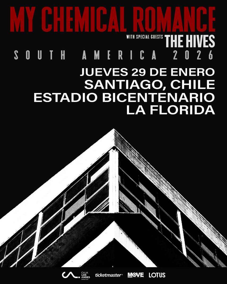 lotusmusica's tweet photo. ¡SOUTH AMERICA TOUR 2026 de @MCRofficial aterriza en Chile! 🇨🇱  La banda que nos enseñó a cantar con el corazón se toma el Estadio Bicentenario este 29 de enero junto a su invitado especial @thehives 🖤 https://t.co/XfVQ8vXqsS