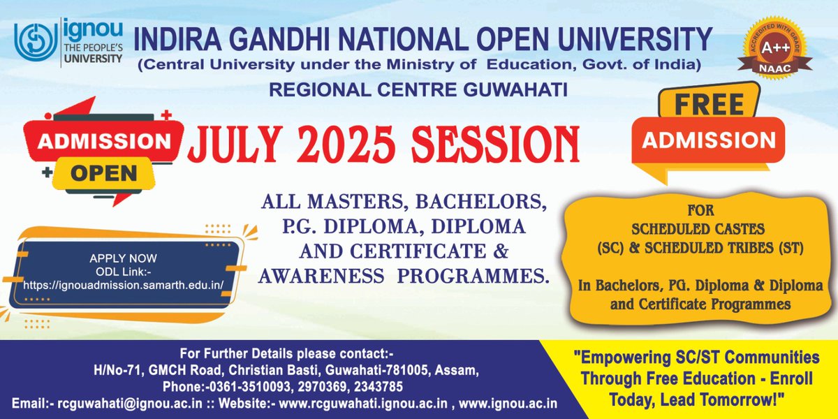 JULY 2025 Admission Cycle:
Last date for submission of Application : 15 July 2025 . <a href="/OfficialIGNOU/">IGNOU</a>

ignouadmission.samarth.edu.in