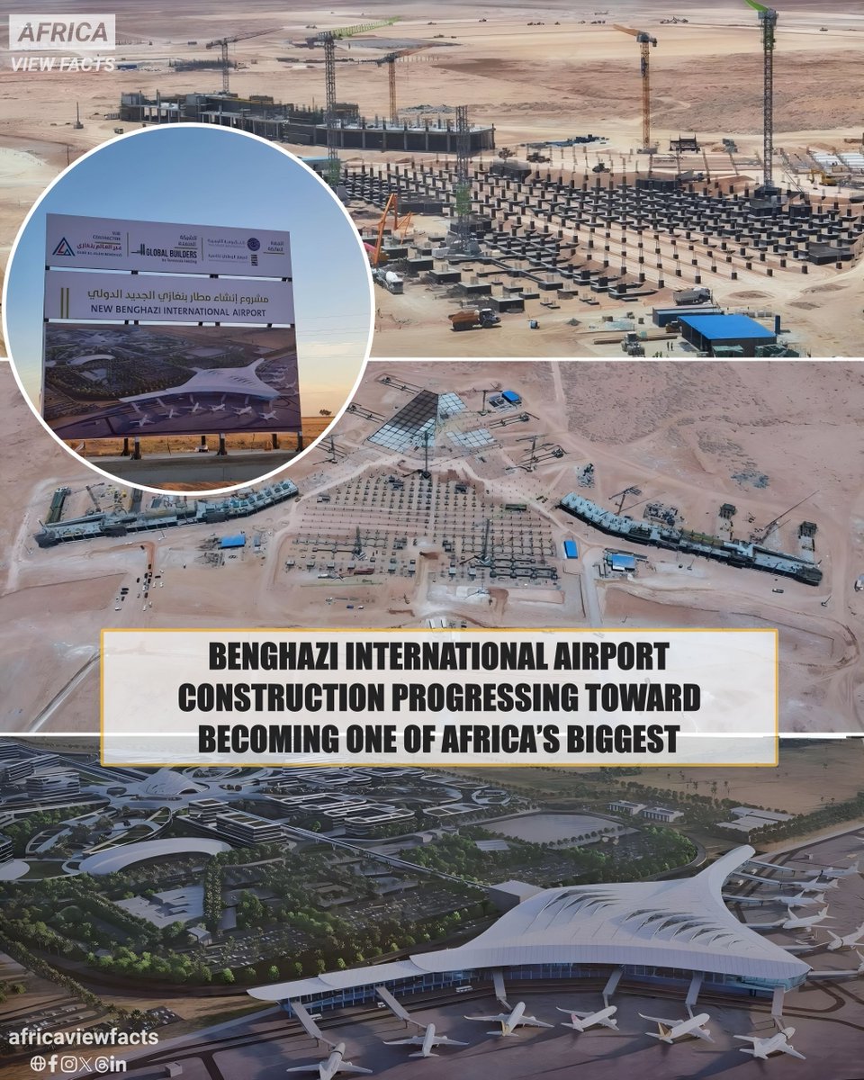 Construction of the new Benghazi International Airport in Libya 🇱🇾 is underway, five months after the project began.

The airport will cover 24 sq km and handle up to 15 million passengers yearly.

Once completed, it will be one of the largest airports in Africa.