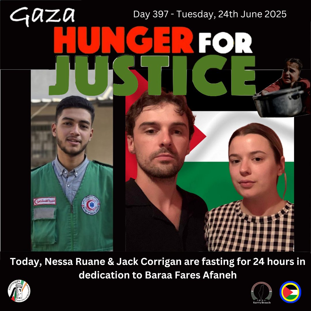 NenaghPalestine's tweet photo. #hunger4justice
Day 397: Nessa Ruane & Jack Corrigan (Italy)
Martyr: Baraa Fares Afaneh (https://t.co/VSJRlpXYlB)
The couple remember Baraa a paramedic murdered in an IOF airstrike with 2 colleagues while trying to save lives buried in the rubble
Join:
https://t.co/V7VTiGXzhZ https://t.co/6o5NYRq5ct