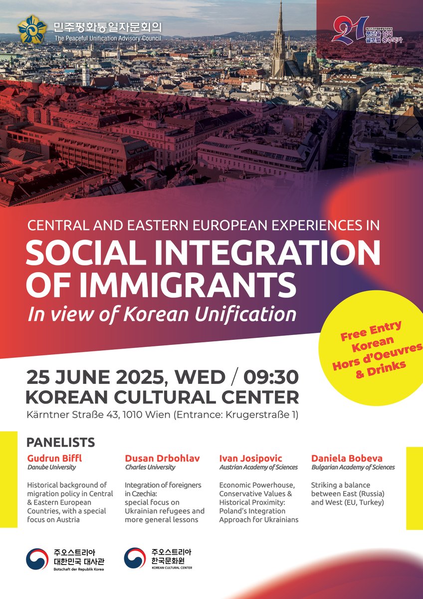 demigkrems's tweet image. Join us for a seminar on June 25 at the Korean Cultural Center in Vienna. In anticipation of the eventual unification of Korea, we will discuss the social integration of immigrants, with insights from Central and Eastern Europe. No registration needed. donau-uni.ac.at/dam/jcr:40881f…