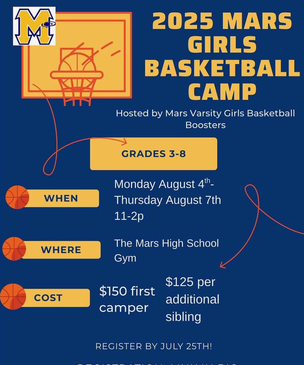 🏀✨ 2025 Mars Girls Basketball Camp ✨🏀
Rising 3rd–8th grade girls—come ball out this summer! 💙💛

📅 Aug 4–7 | ⏰ 11–2P
📍 Mars High School Gym
💵 $150 first camper | $125 sibling

🎯 Register by July 25: bit.ly/4k6ENAl
#MGYBA #MarsProud #GirlsHoops #SummerCamp 🏀