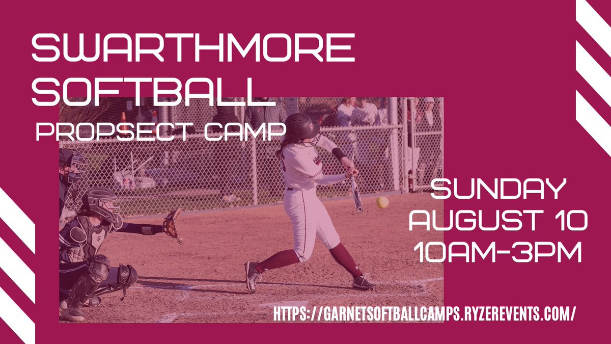 📢 Join us for our Summer Prospect Camp on Aug 10 to work on your skills and learn more about Swarthmore and our softball program! 

garnetsoftballcamps.ryzerevents.com