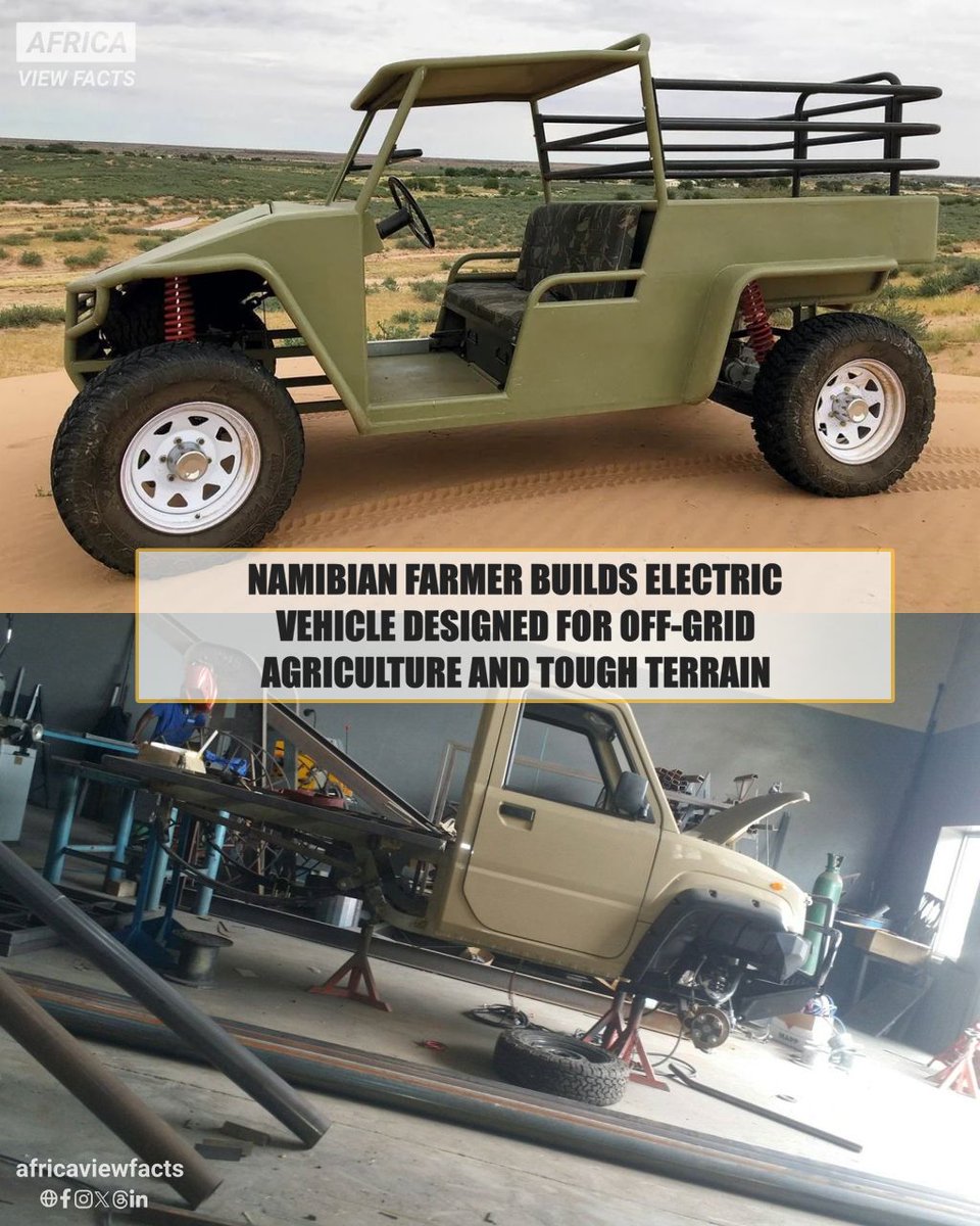 A farmer in Namibia 🇳🇦 has created an electric vehicle called the Fonk, meaning "spark" in Afrikaans.

Built for rough farm conditions, it has a strong steel frame, can carry 400 kg, reach 75 km/h, and travel 150 km per charge.