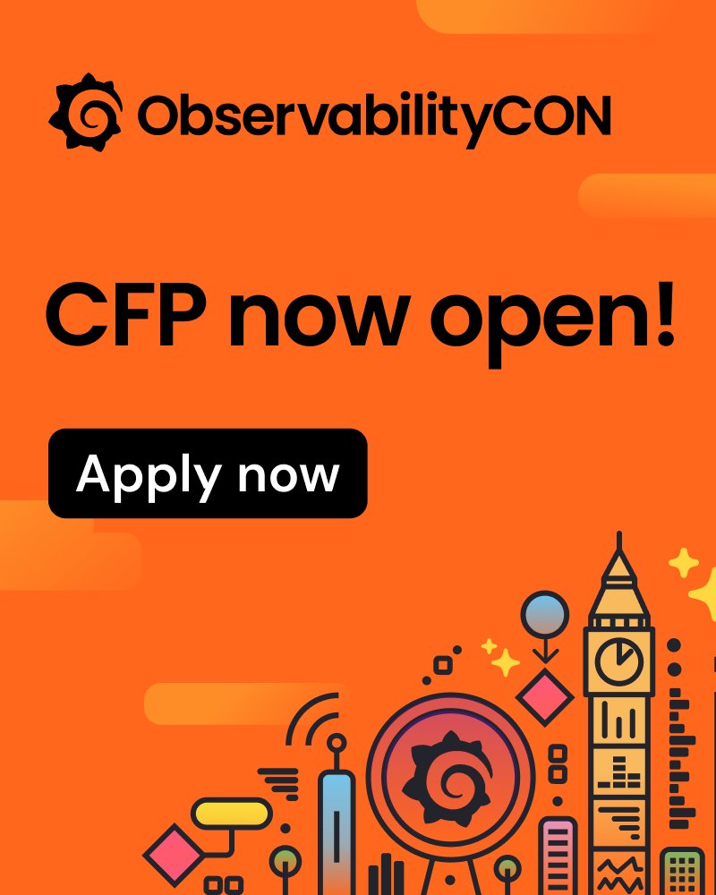 grafana's tweet image. 🇬🇧 Tell your observability story onstage in London! #ObservabilityCON 2025 is happening 7–9 October, and the #CFP is open until 27 June.

Whether you're working on:
- Tracing and profiling
- Observability cost management
- Load testing at scale
- Migrating to #OpenTelemetry