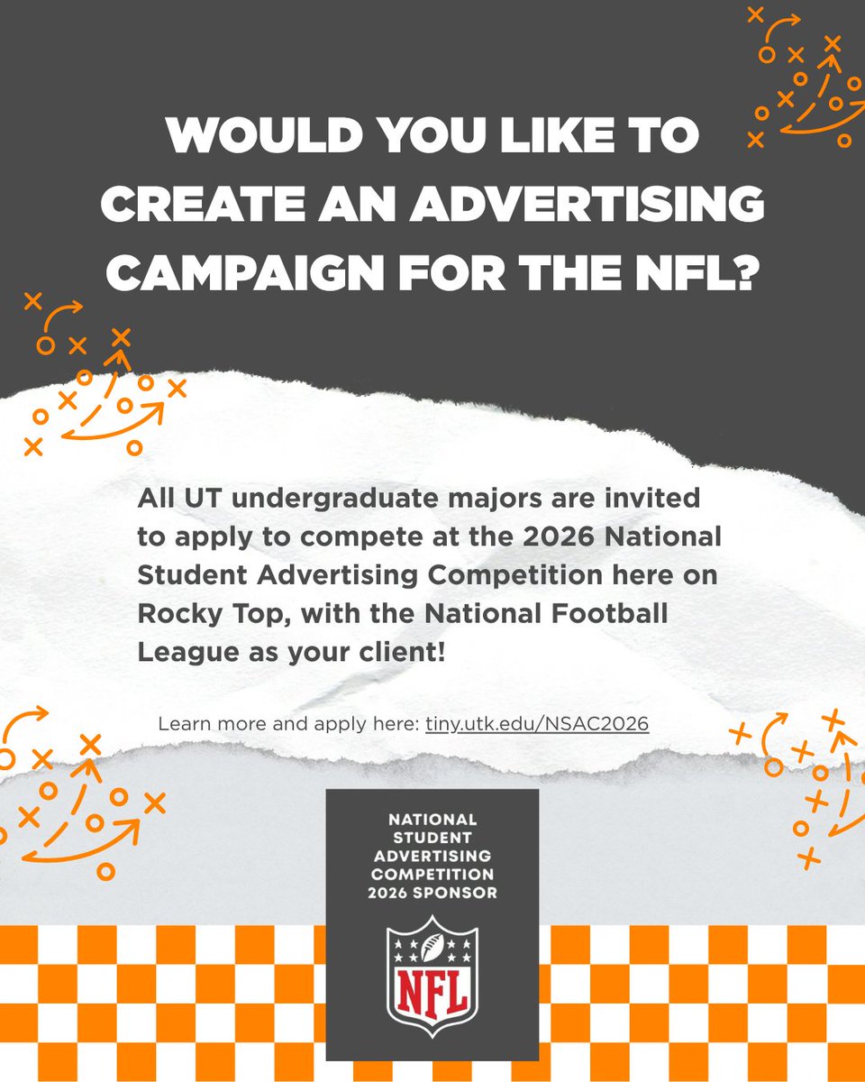 Tombras School of Advertising & PR (@tombrasutk) on Twitter photo 🏈 Exciting news! NSAC 2026 District Competition is at <a href="/UTKnoxville/">UT Knoxville</a> this April, & it’s with the <a href="/NFL/">NFL</a>! 🎉
Looking for talented UT undergrad students to be part of the team.
Apply now: tiny.utk.edu/NSAC2026
#NSAC2026 #GoVols #ContentStrategy <a href="/UTCCI/">UT College of Communication & Information</a> 🏈 Exciting news! NSAC 2026 District Competition is at <a href="/UTKnoxville/">UT Knoxville</a> this April, & it’s with the <a href="/NFL/">NFL</a>! 🎉
Looking for talented UT undergrad students to be part of the team.
Apply now: tiny.utk.edu/NSAC2026
#NSAC2026 #GoVols #ContentStrategy <a href="/UTCCI/">UT College of Communication & Information</a>