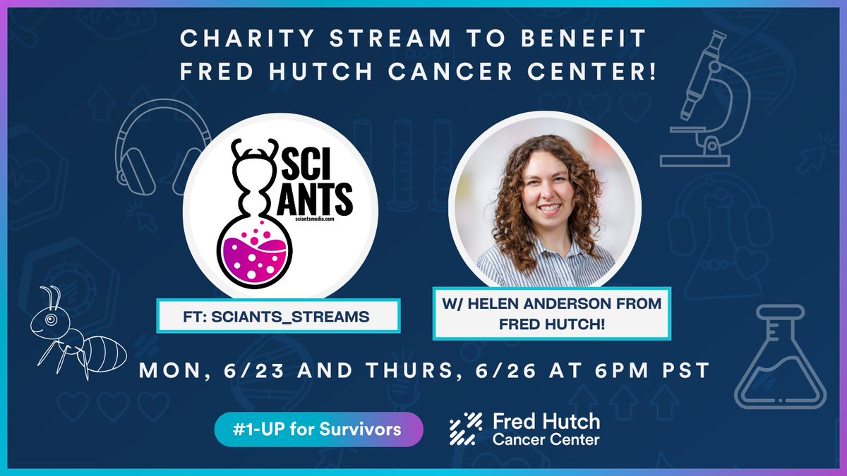 Tonight and Thursday tune into <a href="/SciAnts_Media/">SciAnts</a> on
Twitch at 6pm PST as they raise funds for <a href="/fredhutch/">Fred Hutch Cancer Center</a>
and chat with Helen Anderson about cancer and virology and breast cancer genetics! 🧪🐜 #1UPforSurvivors

twitch.tv/sciants_streams