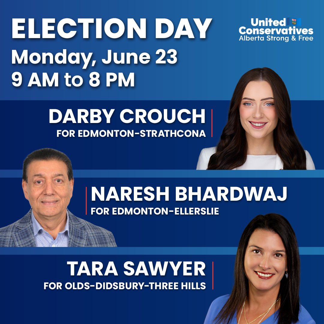 Today is the day. If you live in Olds–Didsbury–Three Hills, Edmonton–Strathcona, or Edmonton–Ellerslie, make your plan and get out to vote.

🗳️ Tara Sawyer – Olds–Didsbury–Three Hills
🗳️ Darby Crouch – Edmonton–Strathcona
🗳️ Naresh Bhardwaj – Edmonton–Ellerslie

Polls are open