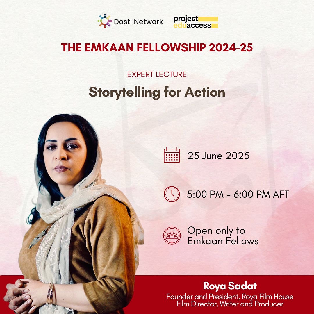 Project EduAccess (@projeduaccess) on Twitter photo We are pleased to organise a lecture on ‘Storytelling for Action’ by Roya Sadat, as part of the Emkaan Fellowship.
<a href="/sadatroya1/">Roya Sadat-رویا سادات</a> is a visionary Afghan filmmaker. She is the founder of Roya Film House, and is known for films like A Letter to the President and Sharp Edge of Peace. We are pleased to organise a lecture on ‘Storytelling for Action’ by Roya Sadat, as part of the Emkaan Fellowship.
<a href="/sadatroya1/">Roya Sadat-رویا سادات</a> is a visionary Afghan filmmaker. She is the founder of Roya Film House, and is known for films like A Letter to the President and Sharp Edge of Peace.