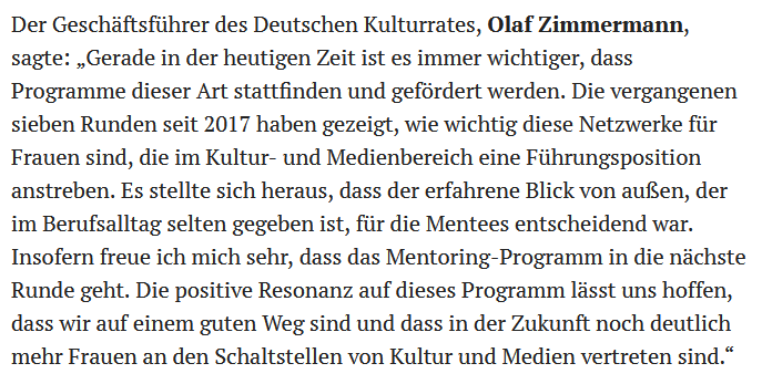Heute startet die achte Ausschreibung des bundesweiten 1:1-Mentoring-Programms für weibliche Führungskräfte im Kulturbereich. Jetzt bewerben! --&gt; kulturrat.de/presse/pressem…