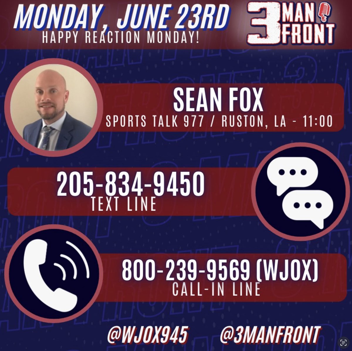 Pat Smith (@patsmithradio) on Twitter photo 'Reaction Monday' coming up on <a href="/3ManFront/">3 Man Front</a> as we recap another SEC win at the CWS, plus a busy weekend for Ala/AU in recruiting. 
11:00 <a href="/fox4sportstalk/">Sean Fox</a> 'Reaction Monday' coming up on <a href="/3ManFront/">3 Man Front</a> as we recap another SEC win at the CWS, plus a busy weekend for Ala/AU in recruiting. 
11:00 <a href="/fox4sportstalk/">Sean Fox</a>