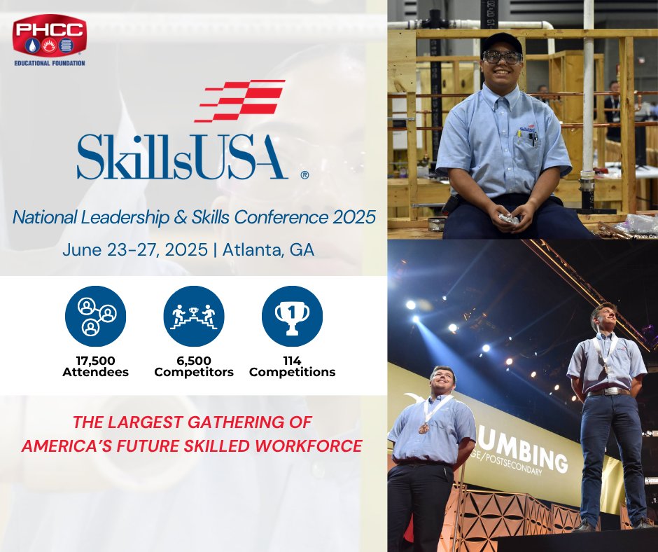 Heading to SkillsUSA in Atlanta ! 
Join us at the plumbing contest &amp; our booth (#217 in Hall A) to witness the future of skilled trades in action! 🔧

#PHCCEducationalFoundation #PHCCAcademy #PHCC  #SkillsUSA #NLSC2025 #CTE #Plumbing