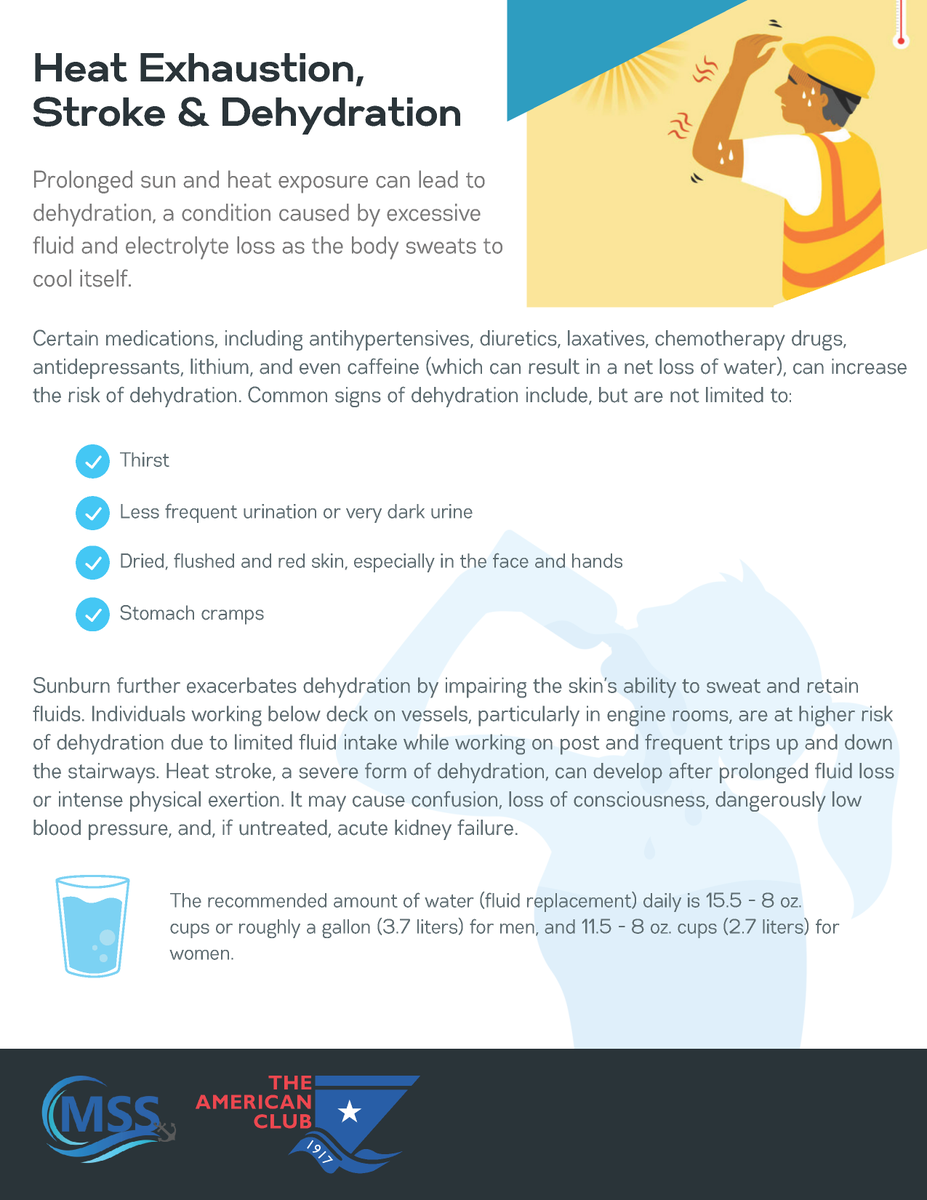 Don't get caught off guard by the heat! #AmericanPandI &amp; Medical Solution Services (#MSS) release #HealthSpotlight: Sun Exposure &amp; #Dehydration their 1st #USCGTACPlus Newsletter of 2025.
Download &amp; find more resources on the Club's #SeafarerWellness page: american-club.com/page/seafarer-…