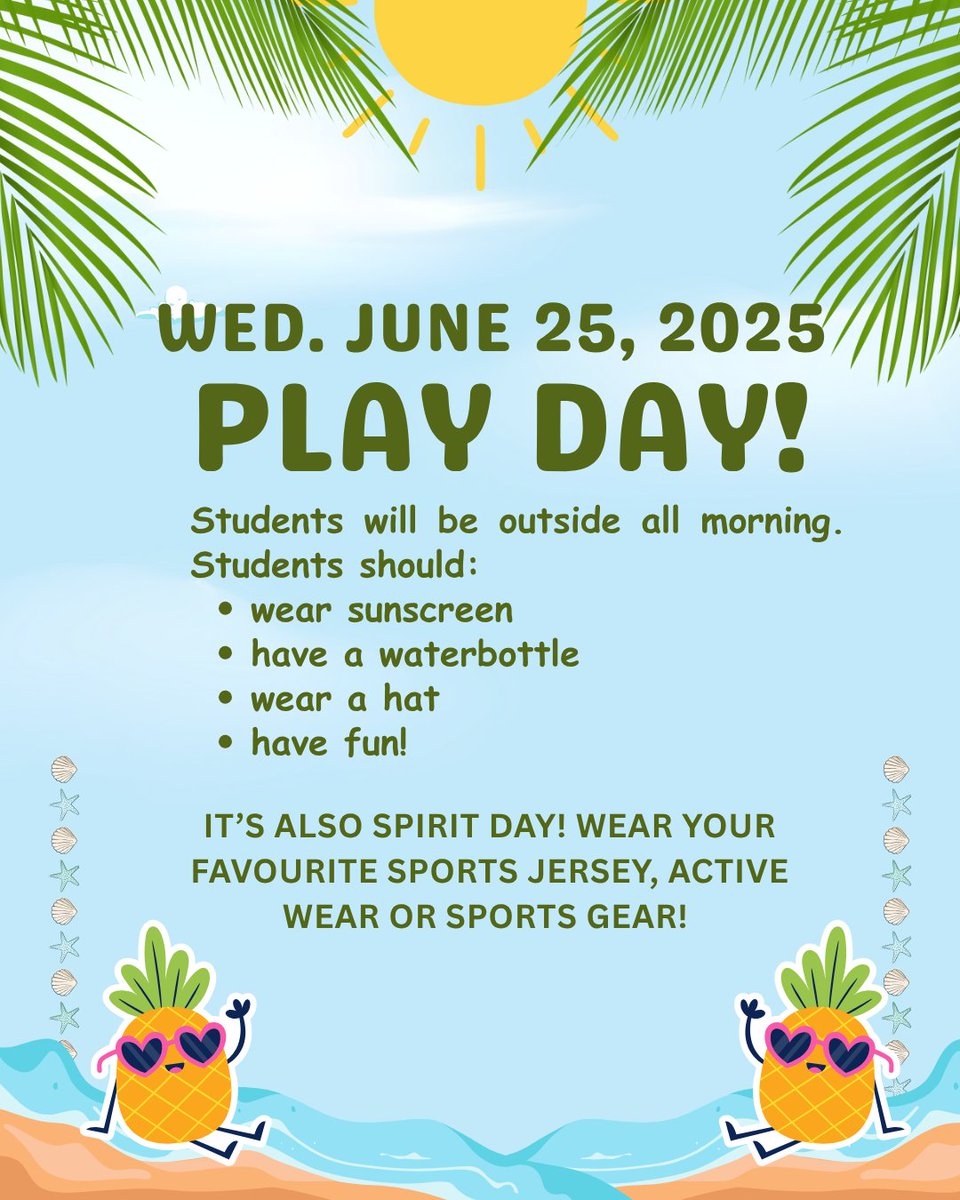 ☀️ Play Day is here! Don’t forget your hat 👒, sunscreen 🧴, and water bottle 💧 to keep cool and safe while you have a blast. Let’s make it a fun and sun-smart day! 🕶️💧 #PlayDayReady #StayCoolStaySafe