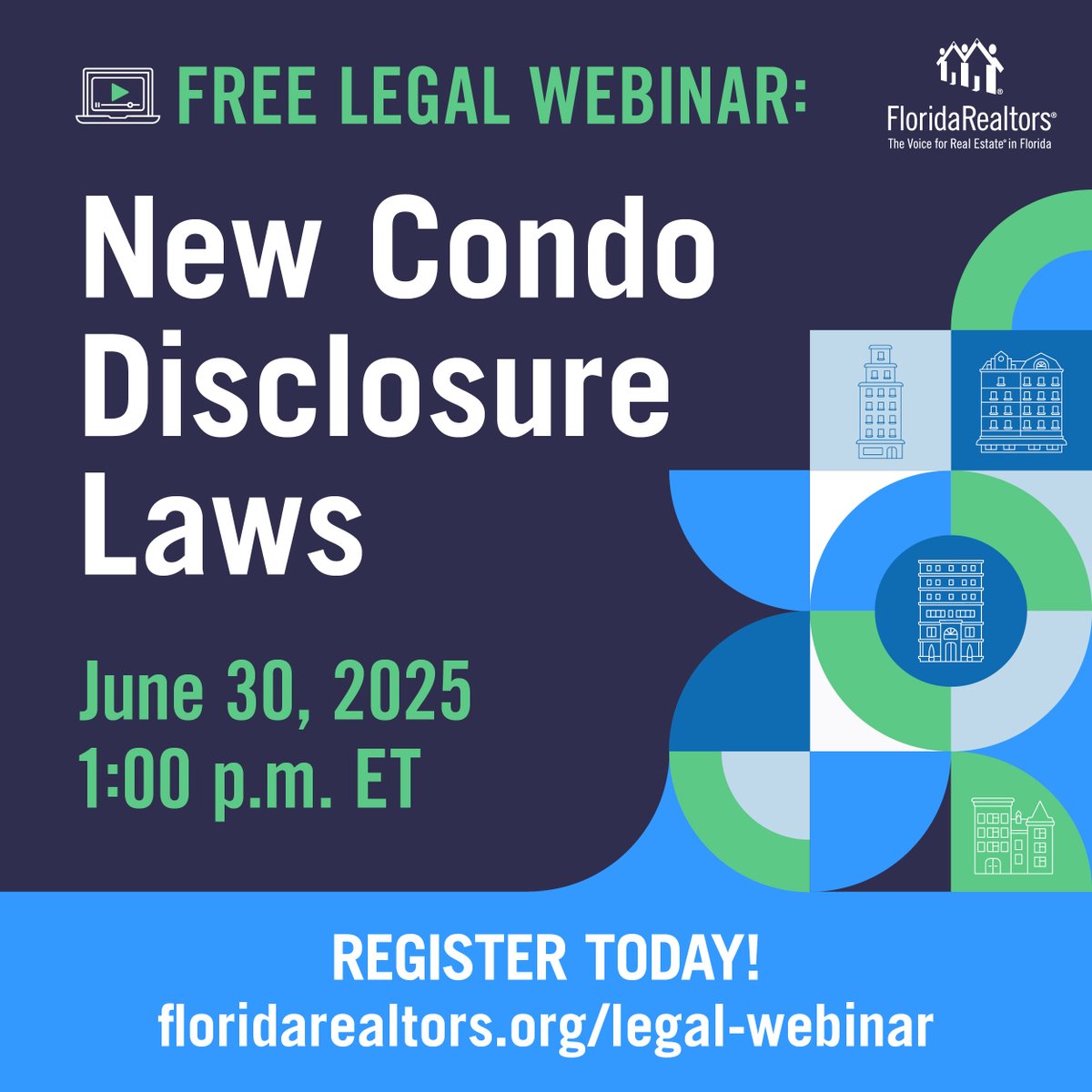 FREE Webinar! 🚨 In anticipation of Gov. DeSantis signing a bill with changes to the Florida Condominium Act, join us on June 30 at 1:00 p.m. to discuss updates to the Condominium Rider, addendum A to the Florida Realtors/Florida Bar and ASIS contracts. floridarealtors.org/legal-webinar