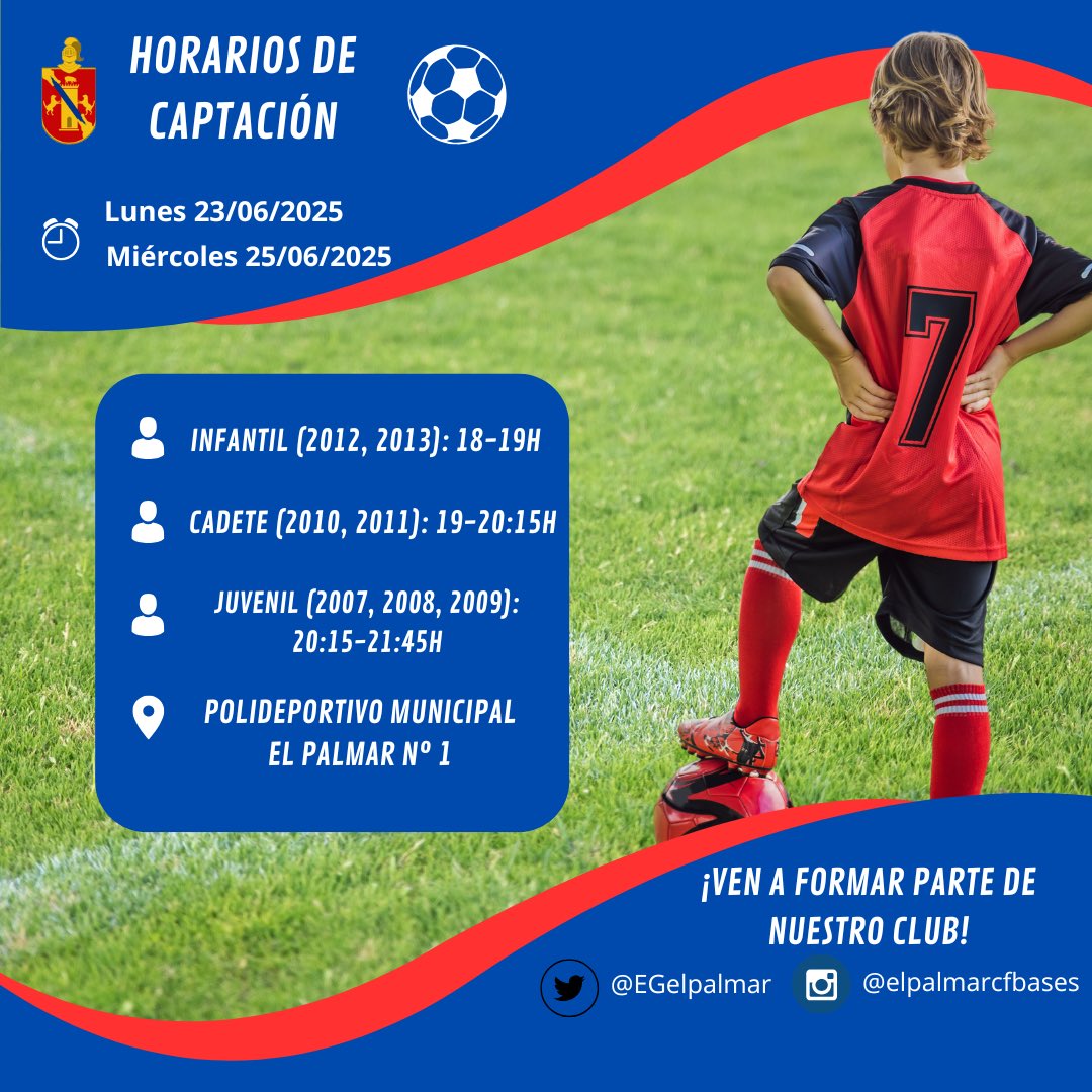 📢 Comenzamos otra semana de captaciones.

📍Os esperamos lunes y miércoles en el Polideportivo Municipal El Palmar n°1.

🕘 Horarios:

•Infantil (2012, 2013): 18-19h
•Cadete (2010, 2011): 19-20:15h
•Juvenil (2007, 2008, 2009): 20:15-21:45h