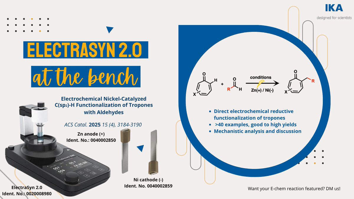 #ECHEM @ the bench: recent work from the lab of Prof      Marco Bandini -- alkylating tropones via direct electrochemical C-H functionalization #dumpstirelectrify #electrasyn #electrifyingchemistry