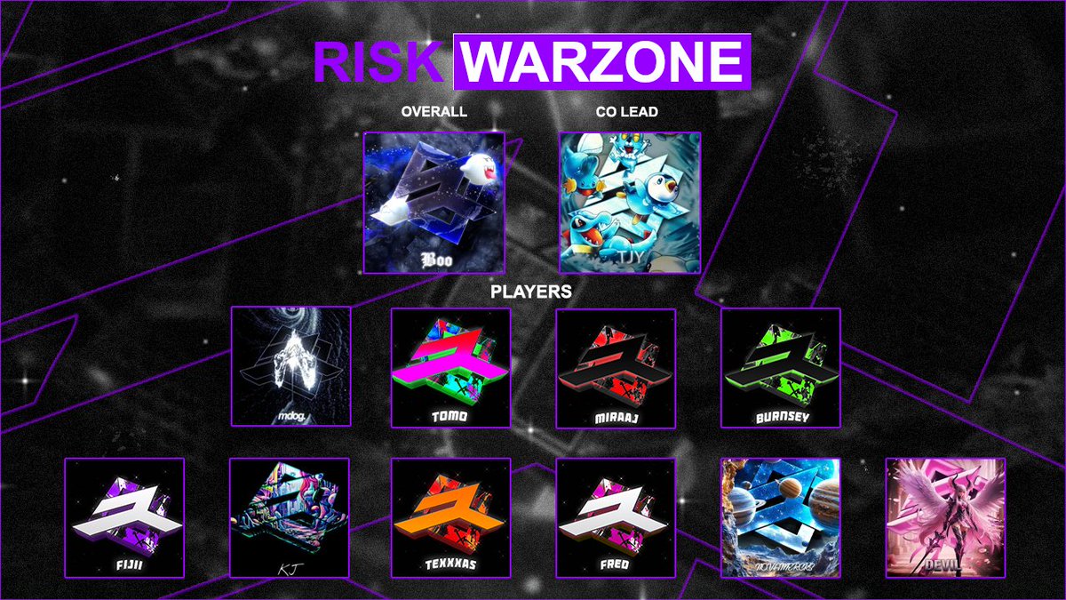 Welcoming RisK Warzone!

Lead - <a href="/BooKOTR/">Devil Boo</a>
Co Lead - <a href="/oTJY_/">TJY</a> 

Members
<a href="/PsyQoTexas/">PsyQo TexXxas</a> 
<a href="/Miiraaj_/">TR6 Miraaj</a>
<a href="/Meerdoges/">mdog tca</a> 
<a href="/fredmelts/">fred</a> 
<a href="/NovaMercks/">NovaMercks</a> 
<a href="/The_Devilblades/">🖤🌸Cross Devil🌸🖤</a> 
<a href="/FijiiTrades/">fijinigga</a> 
<a href="/vBurnsey/">Burnsey hM</a> 
<a href="/ItsKjInfinite/">Kjᵀᶜᴬ</a> 
<a href="/Txmo_B/">Tomo</a> 

Warzone Teamtage 1 is underway! Be on the lookout for the trailer soon 👀