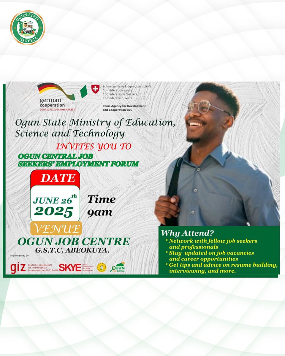 ogstep2020's tweet image. We are officially inviting you to the Ogun Central Job Seekers Employment Forum.

Happening at the Ogun Job Centres in Ijebu Ode, Abeokuta and Ota from the 23rd to the 26th of June. 

See you there.

#OgunState 
#OGSTEP