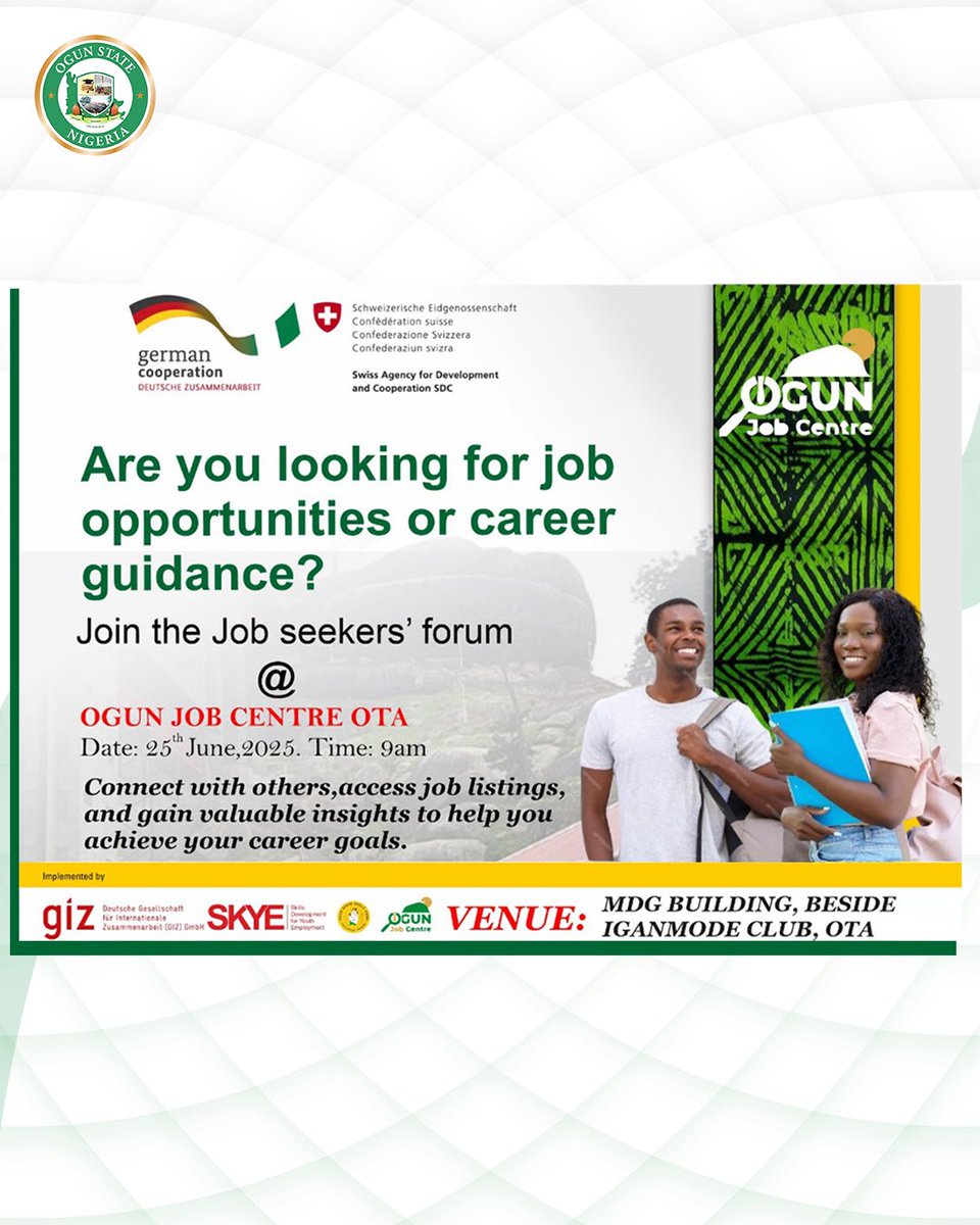 ogstep2020's tweet image. We are officially inviting you to the Ogun Central Job Seekers Employment Forum.

Happening at the Ogun Job Centres in Ijebu Ode, Abeokuta and Ota from the 23rd to the 26th of June. 

See you there.

#OgunState 
#OGSTEP