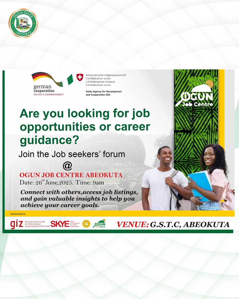ogstep2020's tweet image. We are officially inviting you to the Ogun Central Job Seekers Employment Forum.

Happening at the Ogun Job Centres in Ijebu Ode, Abeokuta and Ota from the 23rd to the 26th of June. 

See you there.

#OgunState 
#OGSTEP