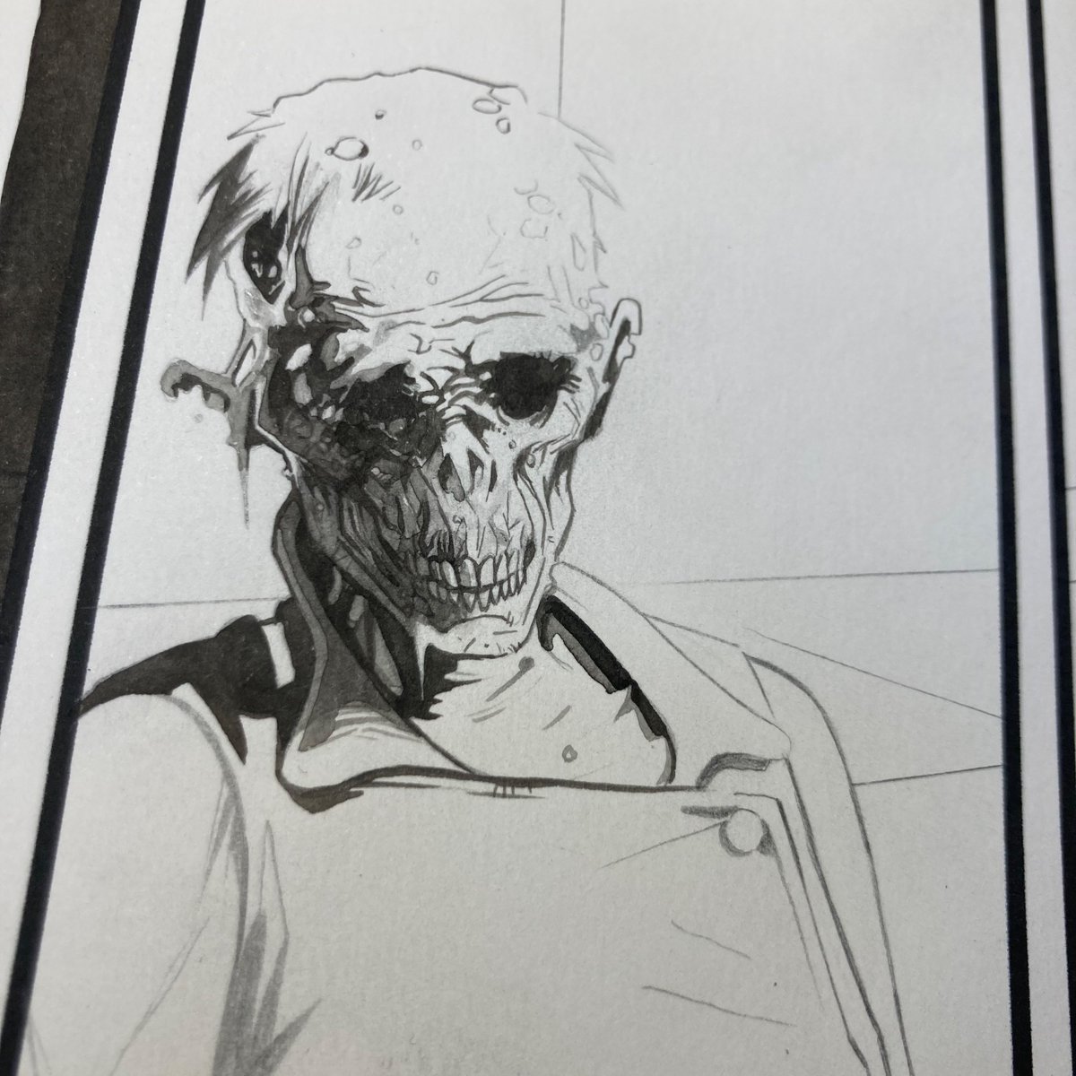 Zombie.. Trying to stay off computer for current strip I’m working on, also trying ink washes for line work..  I will probably colour it digitally