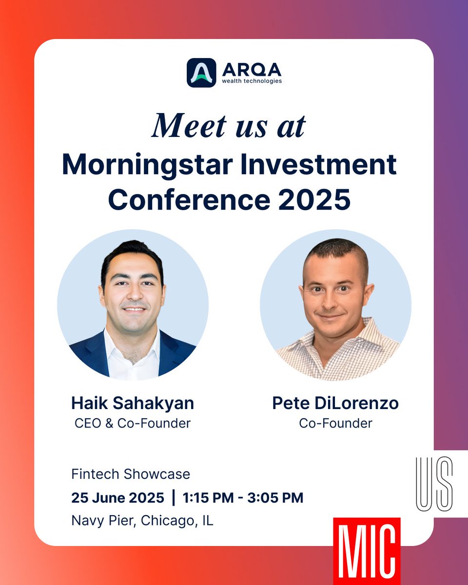 📍 This week, we're heading to Chicago for the <a href="/MorningstarInc/">Morningstar, Inc.</a> Investment Conference 2025, one of the industry’s most anticipated events, happening June 25–26 at Navy Pier.

We’re thrilled to take part in the #FintechShowcase and share how <a href="/ARQA_AI/">ARQA</a> is modernizing