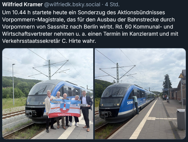 Wilfried Kramer vom VCD Nordost teilt in einem Social Media Beitrag Informationen zu einem Sonderzug des Aktionsbündnisses Vorpommern-Magistrale. Mehr dazu im Artikel auf der Website:
nordost.vcd.org/startseite/det…