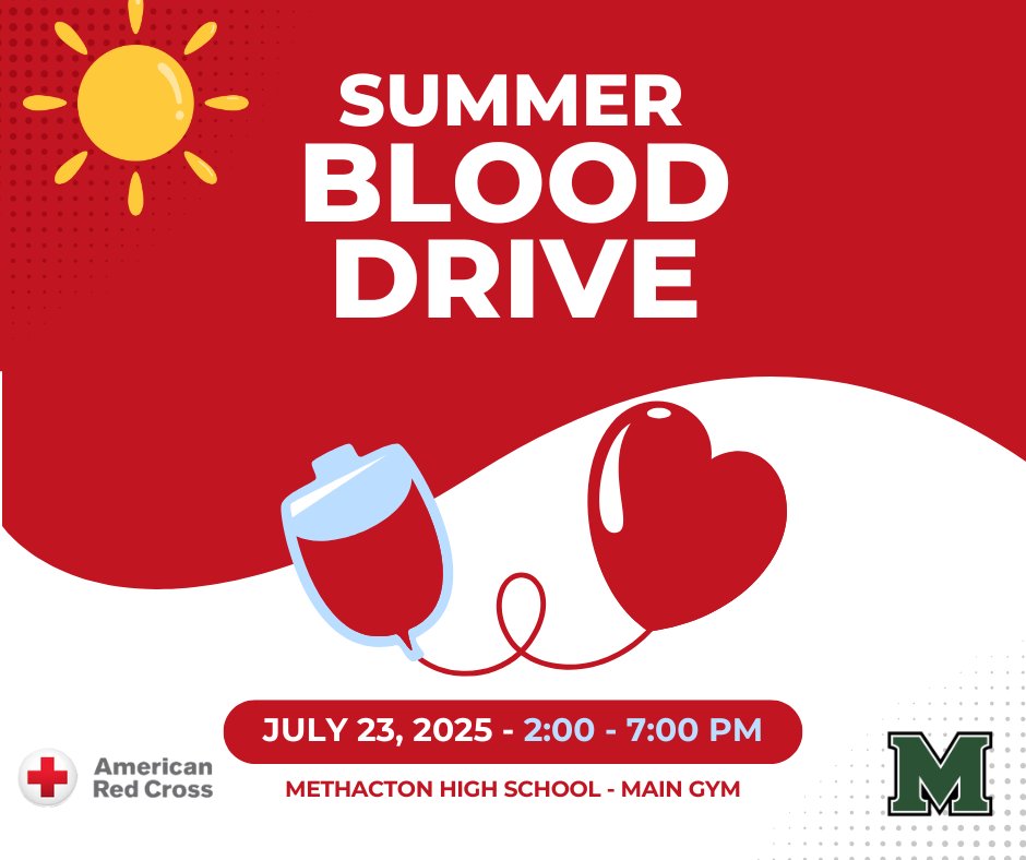 IT'S TOMORROW!
Join us for a Methacton Community Blood Drive in association with the American Red Cross this July! Donating blood is a simple act that can save lives.

▪️When: Wednesday, July 23rd, from 2 PM to 7 PM
▪️Where: Methacton High School Main Gym - 1005 Kriebel Mill Road