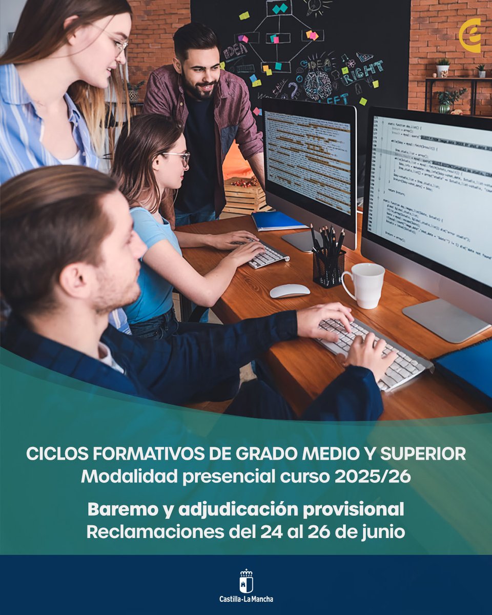 🆕 Publicado el baremo y la adjudicación provisional de admitidos a ciclos formativos de #FormaciónProfesional de Grado Medio y Grado Superior en la modalidad presencial. Curso 2025/2026.
ℹ️ Más información: educa.jccm.es/es/noticias/pu… 

#FP #EducaciónCLM