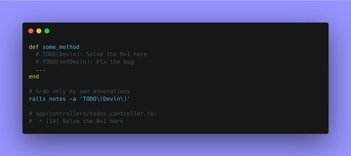 So we know that rails notes and localhost:3000/rails/info/notes gives us a list of repo TODO annotations (+ FIXME and OPTIMIZE)

TIL that you can also pass specific annotations to do things like this:
