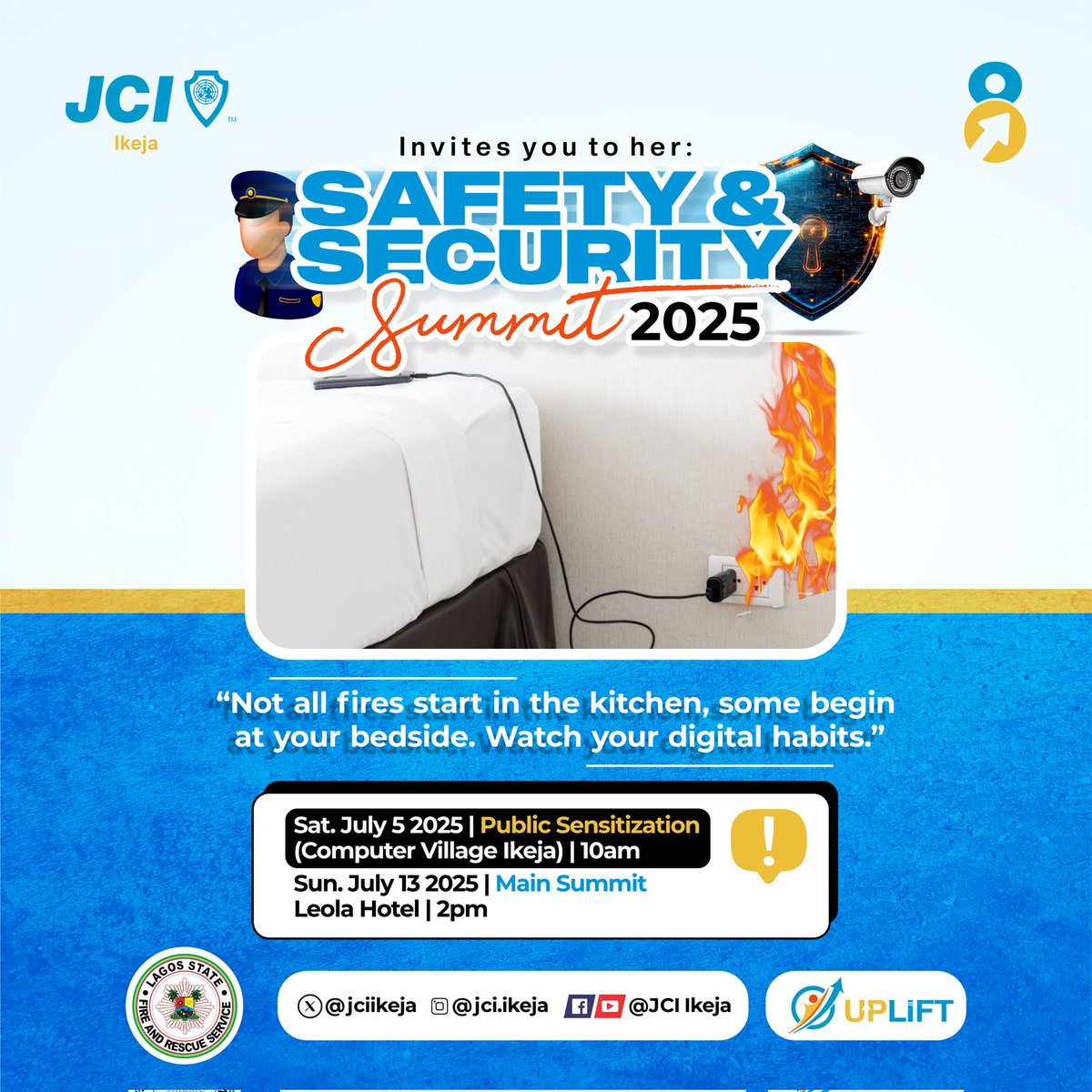 jciikeja's tweet image. Not all fires start in the kitchen—some start at your bedside.

Charging phones under pillows or with fake chargers can lead to silent fire hazards.

✅ Charge smart
✅ Unplug early
✅ Stay safe

Safety Summit 2025 is coming!

#UPLIFT
#ELV8
#jciikeja
#jcin
#WatchOut
#FireSafety
