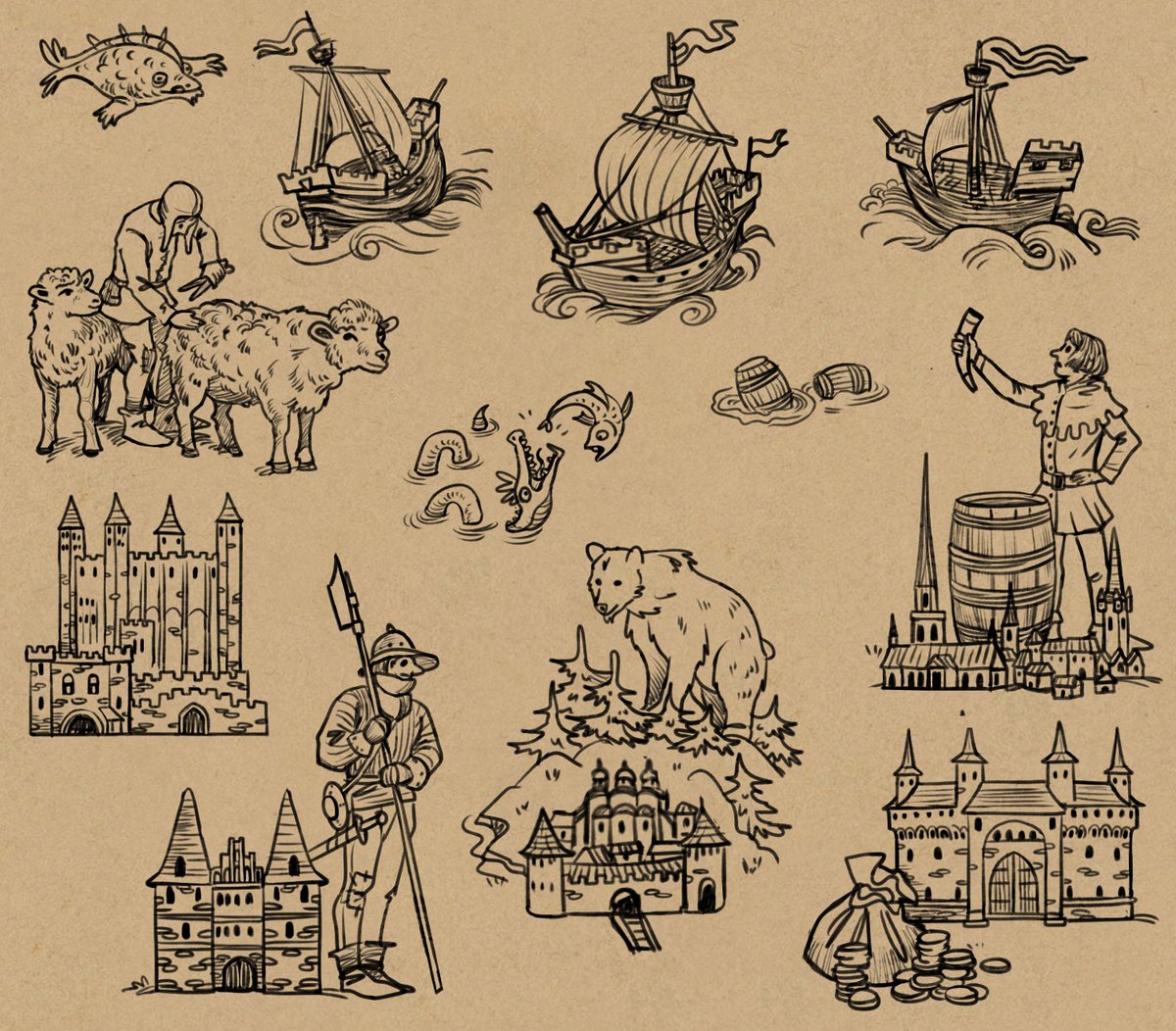 celezart's tweet image. Working on commission, these will be objects and various towns of new map for tabletop game about medieval merchants.