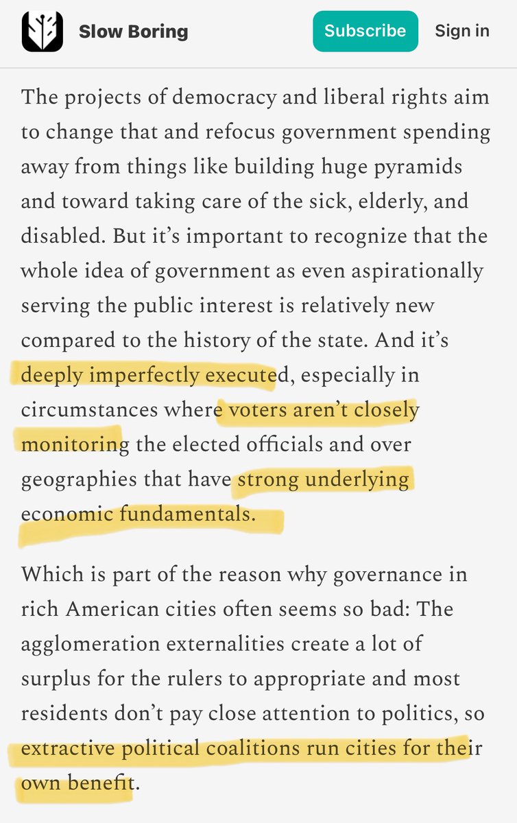 If your city creates a lot of prosperity and value and you don’t watch the politicians closely, pretty soon everything falls apart and the politicians become obsessed with exploiting the people instead of serving them 

SF and NYC are case studies of this