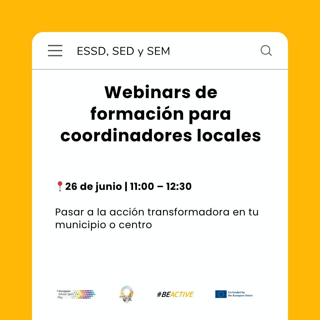 📢 ¡Hoy cerramos el ciclo de los webinars!
🕐 11:00 – 12:30
🎯 Tema: Pasar a la acción transformadora en tu municipio o centro.

<a href="/espanasemueve/">España se Mueve</a> <a href="/deportegob/">CSD</a> 

#BeActive #SemanaEuropeaDelDeporte #EuropeanWeekofSport #MobilityWeek #BeActive #ESSD #SeActivo